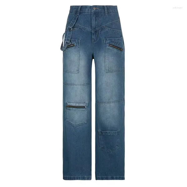 Jeans femininos meninas moda rua cintura baixa zíper bolso solto denim calças casuais para mulher