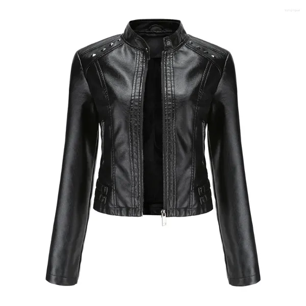 Jaqueta de motor de rebite de couro feminino preto colheita superior streetwear primavera macio falso casacos gola