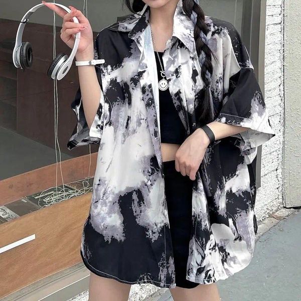 Camicette da donna EBAIHUI Camicia punk Gotica Nera Tie Dye Design Camicetta da donna Estate Coreana Oversize Allentato Casual Manica corta Magliette