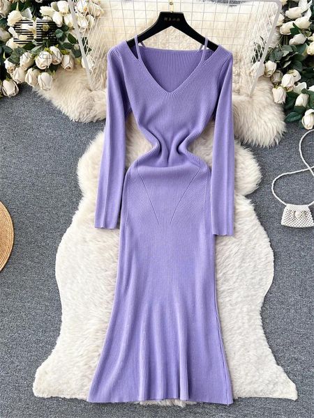 Vestidos casuais singiny elegante malha longa mulheres fora do ombro v pescoço manga moda senhoras suave camisola de inverno