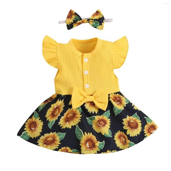 Abiti da ragazza Bambini Ragazze Bambino Spiaggia Girasoli Stampe Maniche Infantile Floreale Principessa Bowknot Pagliaccetto Fascia per capelli 2 pezzi Set di abiti