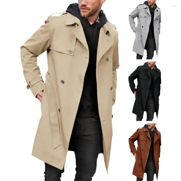 Trench da uomo Cappotto con cintura da uomo Elegante doppiopetto lungo con tasche con risvolto Autunno/inverno Tinta unita Streetwear