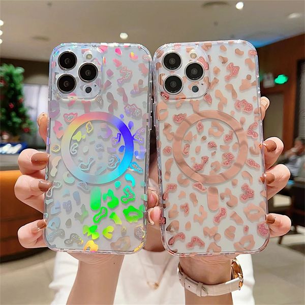 Luxo colorido laser leopardo impressão para caso de carga magnética para iphone 15 14 13 12 11 pro max 14 15 plus claro capa macia