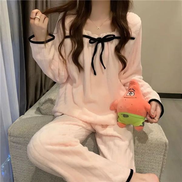 Mulheres sleepwear coral velo pijamas conjuntos para mulheres outono inverno grosso quente doce manga longa camisola pijama terno mujer homewear 231031