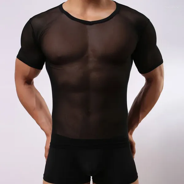 Cuecas gays apertados roupa interior para homens sexy malha transparente de manga curta menino respirável esportes t back lingerie