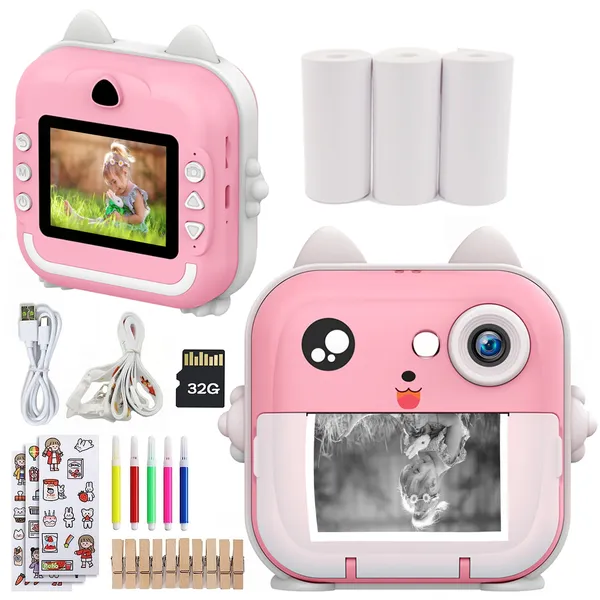 Kinderkamera, Sofortdruck von Fotos, Mini-Digitalvideokamera für Kinder, ohne Tintendruckpapier, 32 GB TF-Karte, Lernspielzeug, Geschenk