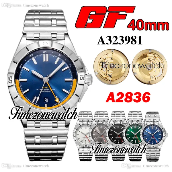 GF 40mm Chronomat GMT A323981 A2836 Relógio automático masculino com mostrador azul pulseira de aço inoxidável A323981A1C1A1 Relógios internos amarelos Timezonewatch TWBR Z29C