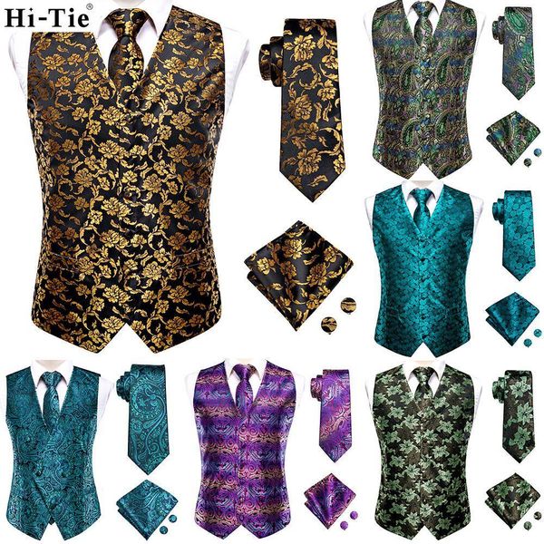 Coletes masculinos Hi-tie Black Gold Floral Silk Dress para homens Azul escuro Jacquard Terne Male Wedding Mal Jacket 2303331