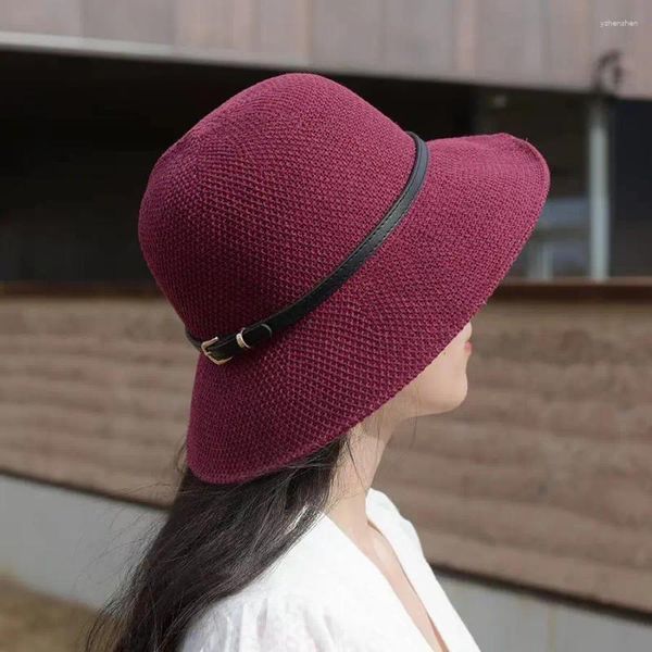 Berets Damen Strohhüte Zusammenklappbare Eimerkappe Sommer Outdoor Reisen Sonnenhut Herrenbecken Fischer mit Freigürtel