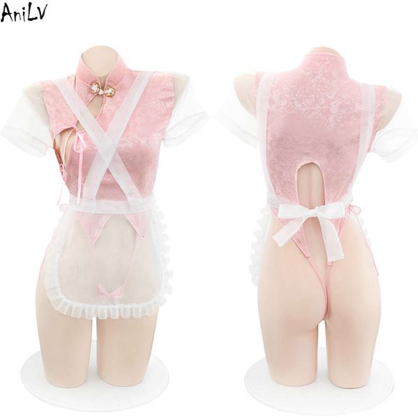 Ani Pink Girl Einteiliges Cheongsam Maid Uniform Kostüm Cosplay Frauen Sexy Qipao Body Pamas Dessous Cosplay