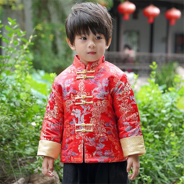 Roupas étnicas Ano Chinese Tradicional para crianças Festival de menino de bebê Retro Fancy Dragão dourado de cetim estampado Tang Top Pants Set 2303331