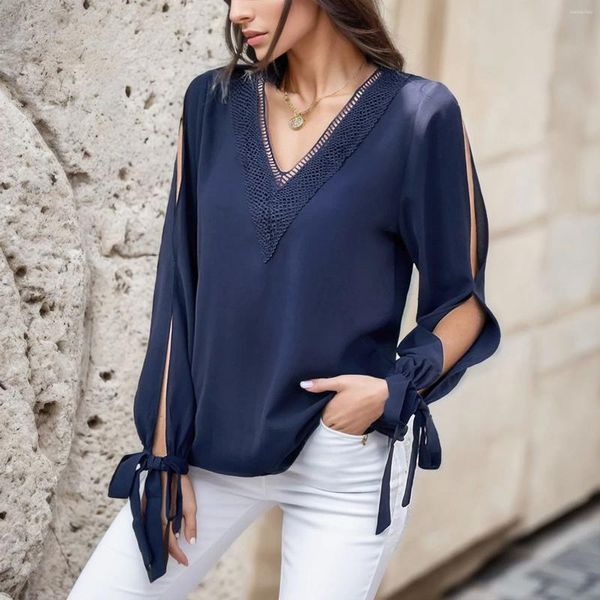 Camicette da donna Top autunno-primavera e top da donna a maniche lunghe con fasciatura ritagliata Pullover Top Blusas Camicetta in chiffon con scollo a V tinta unita