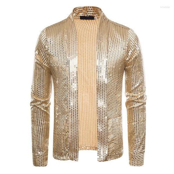 Мужские костюмы Блестящий золотой пиджак с блестками Мужская куртка 2023 Брендовый приталенный кардиган Мужские пиджаки Ночной клуб Вечеринка DJ Сценическая одежда для мужчин