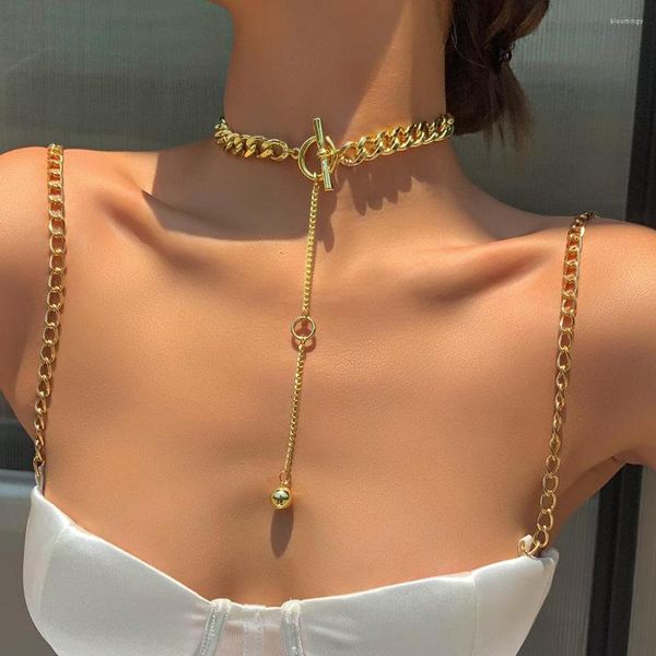 Ketten Gothic Metall Runde Perlen Anhänger Halsband Halskette Für Frauen Punk Große Perle Lariat Gold Farbe Langkettige Schmuck