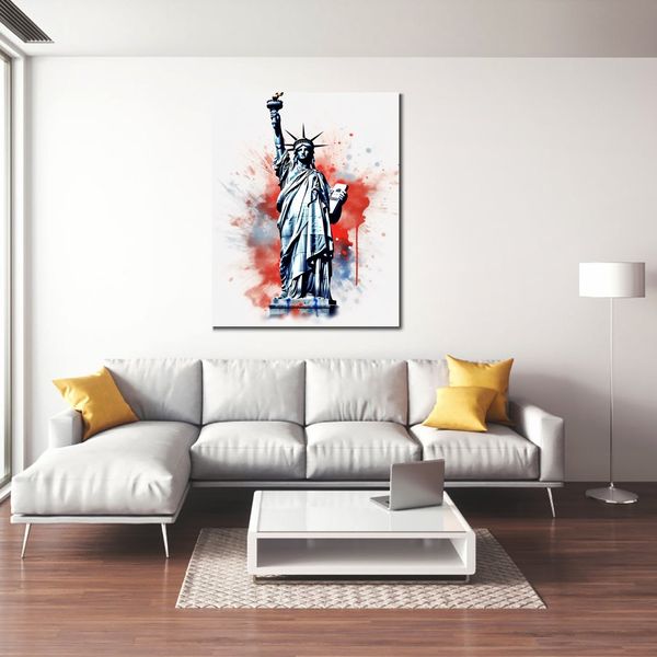 World Famous Building Statue of Liberty Modern Colorful Pencil Script Art Canvas Print Picture Poster for Office Room Wall Decor
