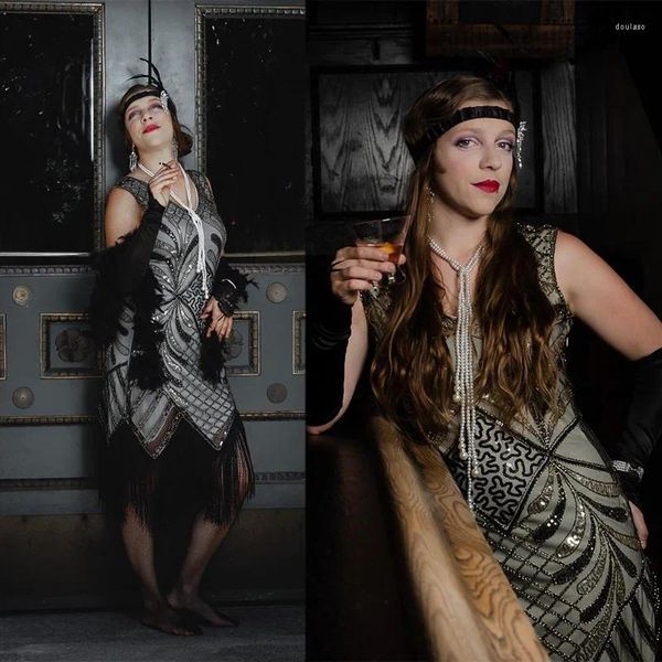 Lässige Kleider Vintage Plus Size Damen 1920er Jahre Flapper Fransen Perlen Doppelquaste Gatsby-Kleid mit 20er-Jahre-Accessoires-Set