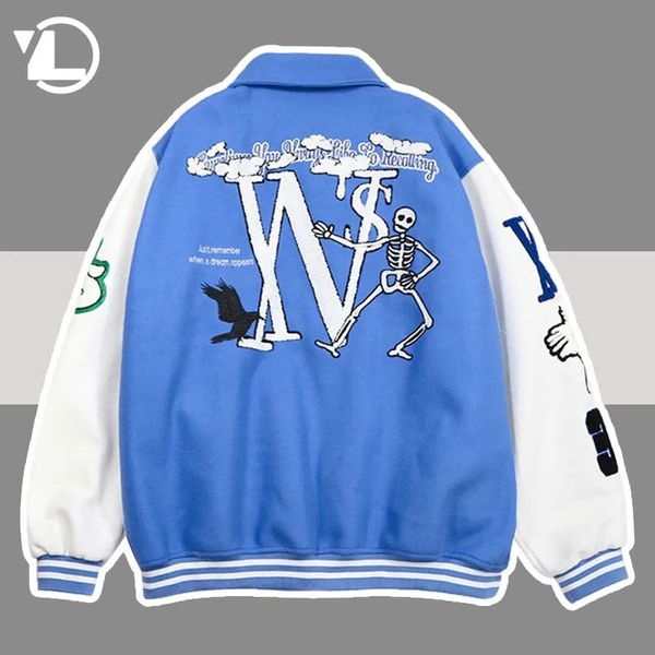 Giacche da uomo Scheletro Floccato Giacca da baseball Uomo Donna Blu Hip Hop Streetwear Patchwork Varsity Bomber allentato College Cappotti Unisex 231031