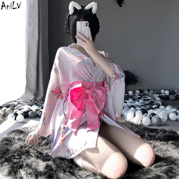 Ani anime japonês kawaii menina quimono yukata trajes cosplay coelho padrão camisola pamas lingerie erótica conjunto unirom cosplay