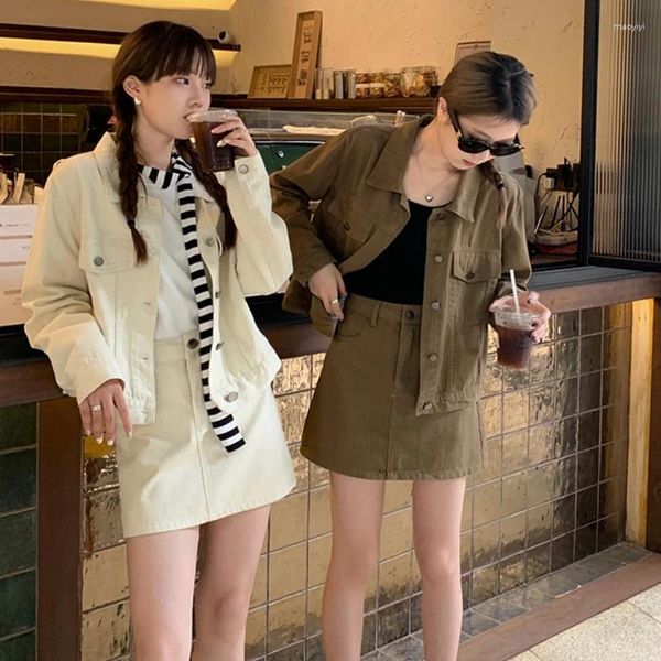 Vestido de duas peças outono vintage y2k meninas manga longa jaqueta jeans tops e cintura alta mini saias terno conjunto de roupa de rua feminina