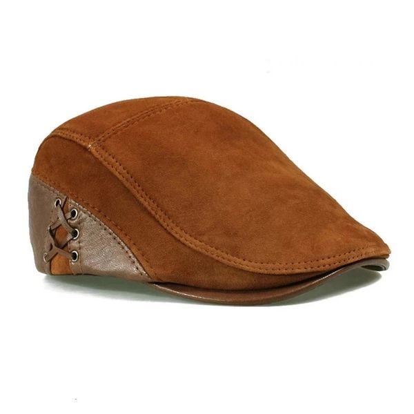 Berets Mode Europäischen Stil Echtes Leder Kappen Baskenmütze Mann Casual Schaffell Wildleder Schwarz/Braun Ausgestattet Entenschnabel Hüte Männlich 231031