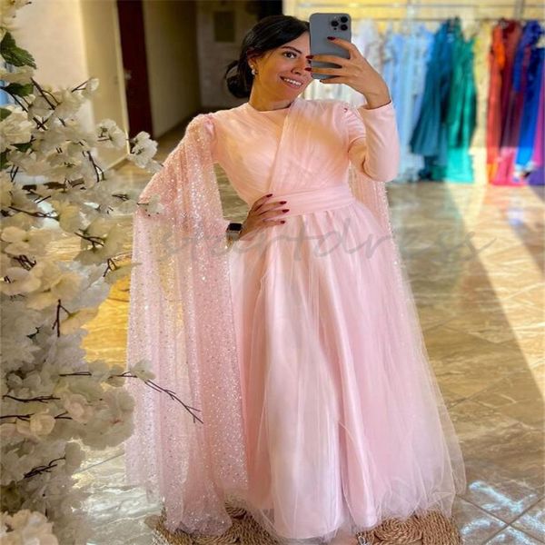 Shinny Pink Dubai Abayas Vestido de noite Caftan Morrocan Turquia Muçulmano Vestido de baile com lantejoulas Cabo Sleves Vestidos de festa de aniversário formal Árabe 2024 Vestidos De Festa