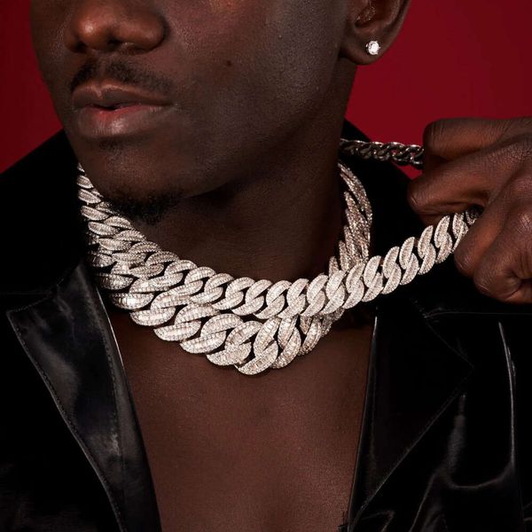 Collana da uomo con catena a maglia cubana in cristallo di Miami placcato argento di alta qualità placcata in argento placcato Bling Hip Hop con micro pavimenta Cz