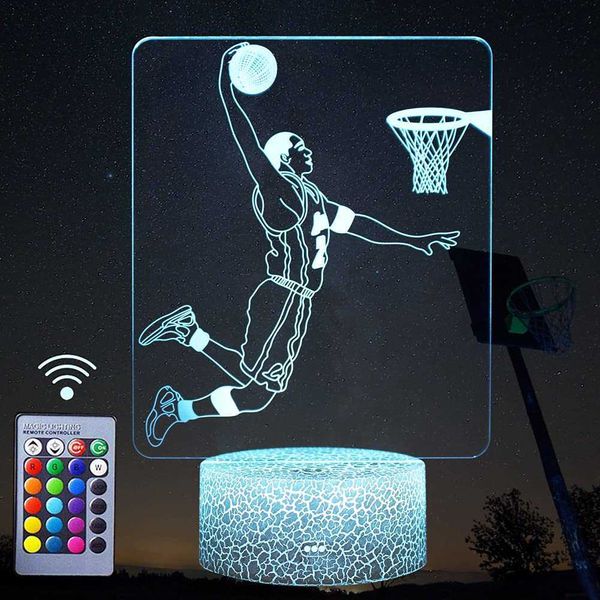 Luci notturne Pallacanestro Slam Dunk Lampada 3D Acrilico USB LED Luci notturne Insegna al neon Decorazioni natalizie per la casa Camera da letto Regali di compleanno P230331