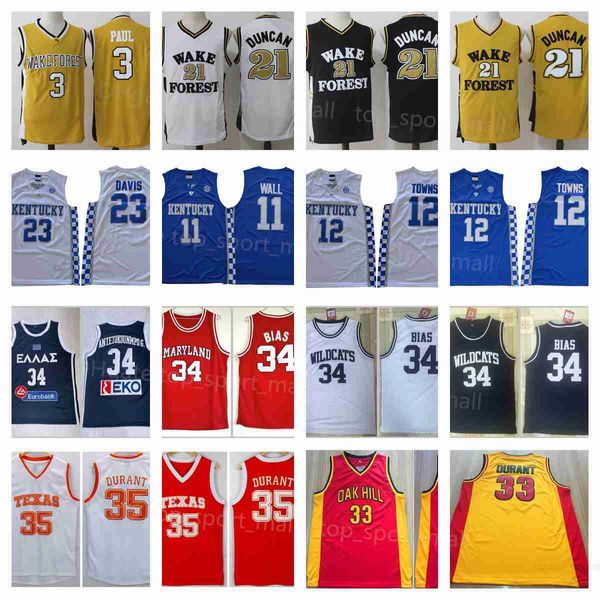 NCAA College Basketball Jerseys High School Grécia Hellas Giannis Antetokounmpo Wake Forest Tim Duncan Chris Paul Karl-Anthony Towns Kevin Durant Len Bias Maryland