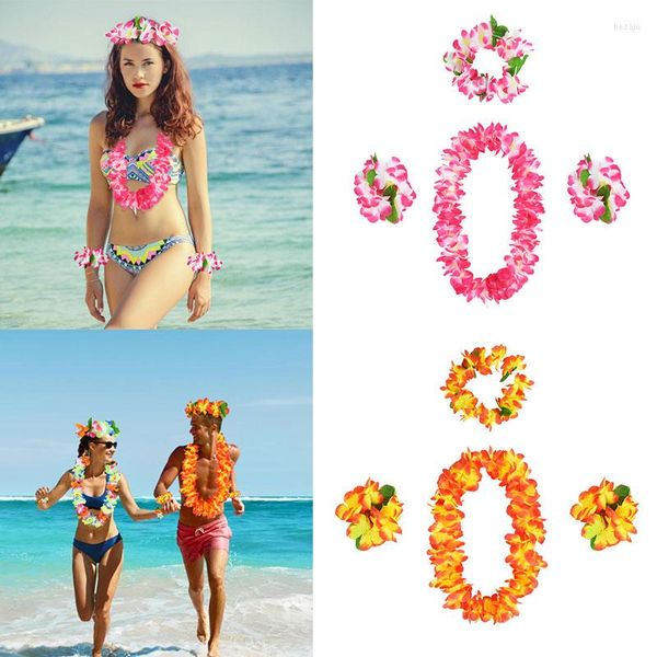 Fiori decorativi 4 pezzi Ghirlanda di fiori hawaiani Collana Bracciale Decorazioni di nozze Spiaggia Fascia tropicale Ghirlanda Decorazione fai da te Festa