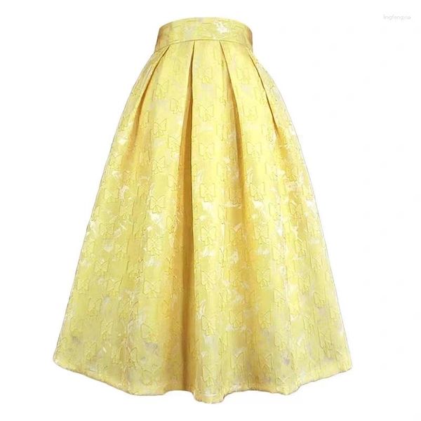 Юбки 2023, лето-осень, женская одежда в корейском стиле, винтажная эстетичная элегантная желтая юбка с цветочным принтом и высокой талией, длинная юбка-макси 5XL