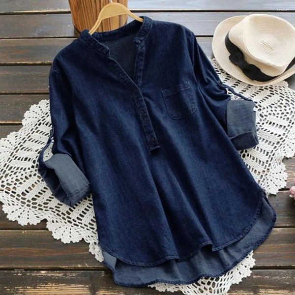 Blusas femininas mulheres cor sólida denim camisa roll-up manga superior elegante pequeno colarinho com decote em v botões para moda