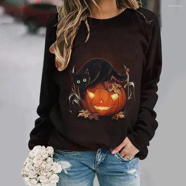 Damen-Kapuzenpullover, Kürbiskopf-Kätzchen-Aufdruck, Rundhalsausschnitt, kappenlos, langärmelige Pullover, Damenpullover, Halloween-Pullover, Sweatshirts