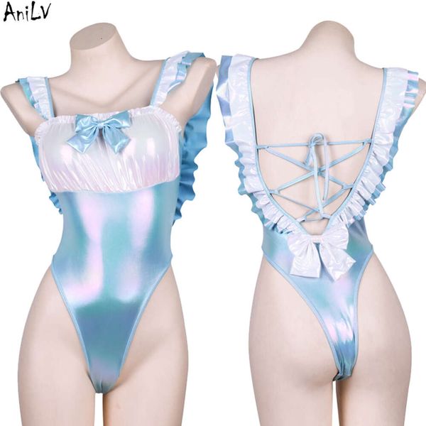 Ani Shiny Girl Blue Laser Einteiliger Badeanzug Unifrom Damen Anime Rüschen Schleife Rückenfreier Body Bademode Kostüme Cosplay Cosplay