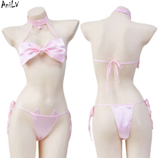 Ani praia menina anime gato bonito rosa arco biquíni maiô roupa de banho unifrom roupa interior feminina lingerie trajes cosplay