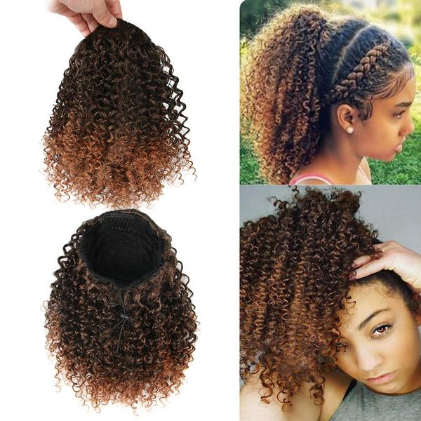 Kurze menschliche Pferdeschwanz-Verlängerung, Ombre, Afro-Puff, verworrenes lockiges Pferdeschwanz-Haarteil für Afroamerikaner, Pferdeschwanz-Haarteil, kastanienbrauner blonder Pferdeschwanz für Frauen (1B/30#)