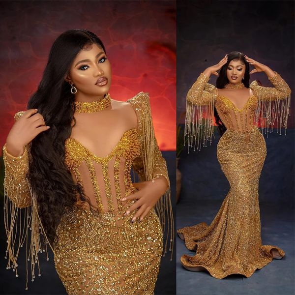 Sereia Aso Ebi Prom Vestidos Gitter Gold Mangas Compridas Gitter Neck Halter Tassel Modest Sexy Vestido de Noite Segunda Recepção Vestidos Party Club Formal