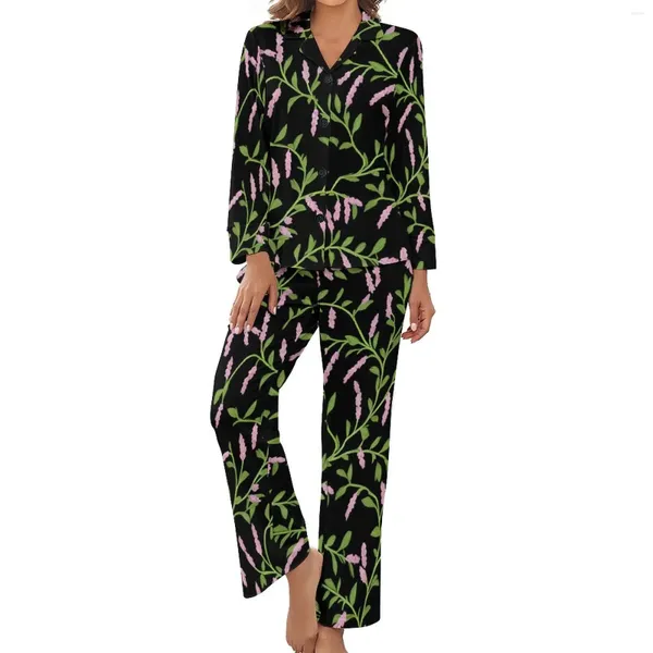 Pijama floral rosa de roupa de dormir feminina Pijama outono de duas peças folhas verdes retro pijama conjunta mulheres mangas compridas v pescoço para casa personalizada
