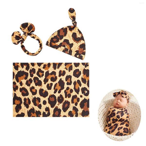 Coperte 3 pezzi Coperta per bebè Fascia per capelli e cappello Set Stampa leopardata Born Swaddle Avvolge Morbido cotone elastico Pography Puntelli Sacchi a pelo