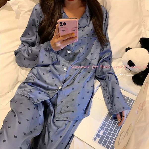 Damen-Nachtwäsche, Blumendruck-Pyjama, 2-teiliges Schlafset mit Hose, Satin-Revers, Button-Down-Nachthemd, Loungewear für das Jahr, Pyjama 231031