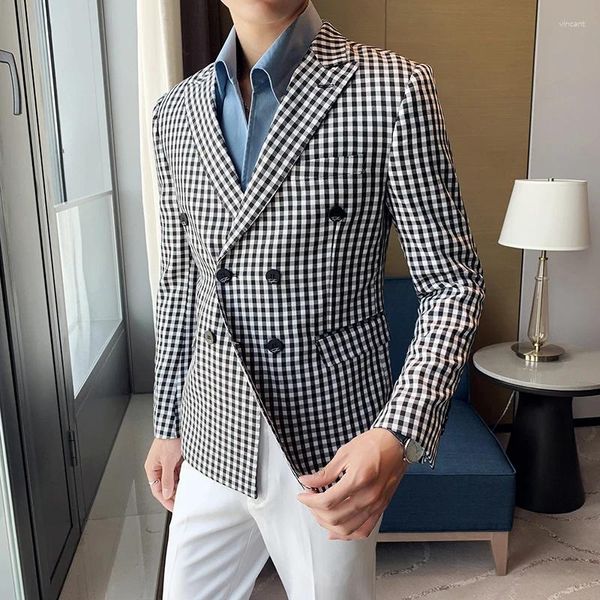 Ternos masculinos primavera/outono blazers estilo coreano de alta qualidade xadrez negócios casual/casamento fino ajuste elegante vestido duplo breasted/smoking