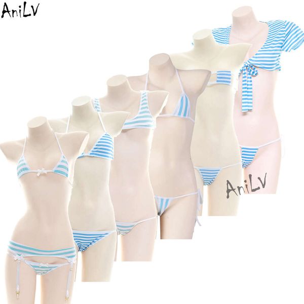 Ani anime studnet menina listra azul conjunto de biquíni maiô série verão praia roupa interior feminina pamas cosplay trajes