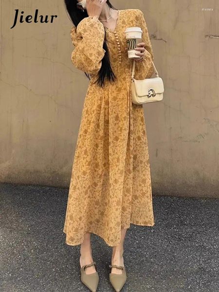 Casual Kleider Herbst Langarm Floral Frauen Kleid Süße Damen Lose Frau Gelb Mode Straße Weiblich