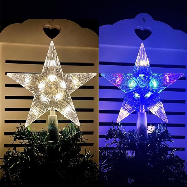 Estrela superior da árvore de Natal de 15 cm luz piscante estrela de plástico transparente de cor quente com luzes