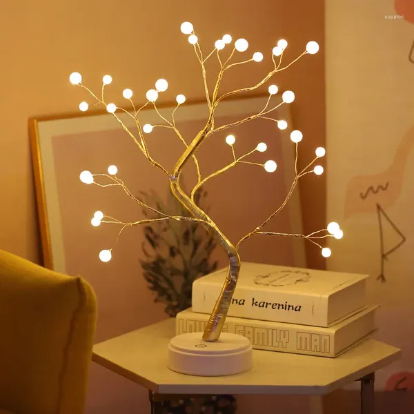 Lampade da tavolo Lampada da scrivania a 36 LED con ramo di un albero di perle con interruttore tattile Batteria o luce notturna con alimentazione USB per la casa Natale Festa di nozze Festival