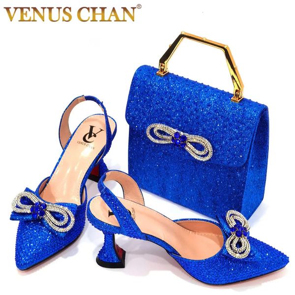 Kleid Schuhe Chan Blaue Farbe Spitz High Heel Strass Schleife Damen Trend Sandalen Sommer Party Hochzeit Schuhe und Taschen Set 231101