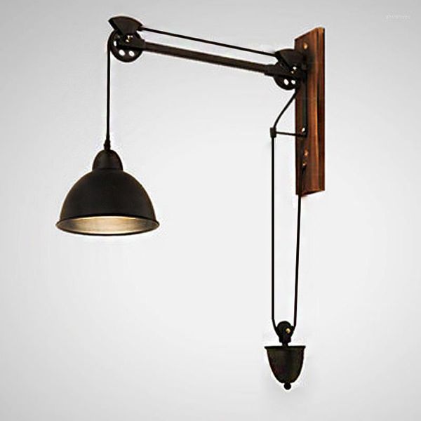 Lampada da parete retrò vintage ferro nero puleggia ruota LED soppalco fondale industriale applique luce in legno per soggiorno bar caffetteria