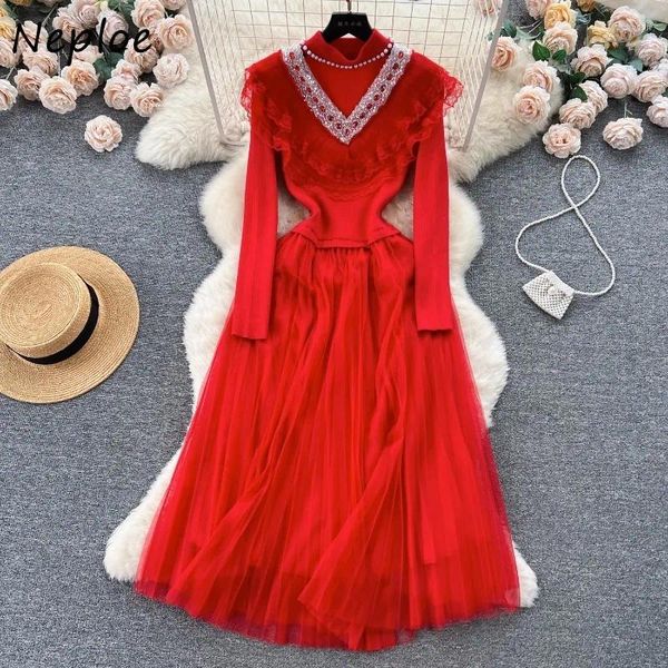 Casual Kleider Neploe Süße Schwere Perlen Rüschen Kleid Für Frauen Herbst Schlanke Taille Spitze Mesh Y2k Langarm Kuchen Vestidos mujer