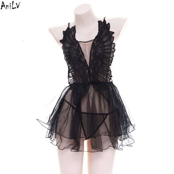 Ani Frauen Mädchen Schwarze Engelsflügel Mesh Kleid Kostüm Student Sexy Rückenfreier Badeanzug Uniformpool Party Cosplay Cosplay