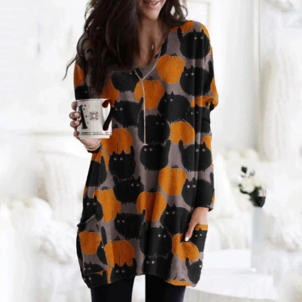 Felpe con cappuccio da donna moda Halloween modello fantasma pullover maglione lungo manica stampata senza cappello top con scollo a V Ropa De Mujer