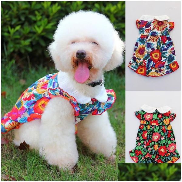 Abbigliamento per cani Abbigliamento per cani Gonna Abito Gatto Vestiti per animali Cucciolo Stampa floreale Manica volante Risvolto Estate Primavera Comfort Colorf Drop Delivery Dhfvl